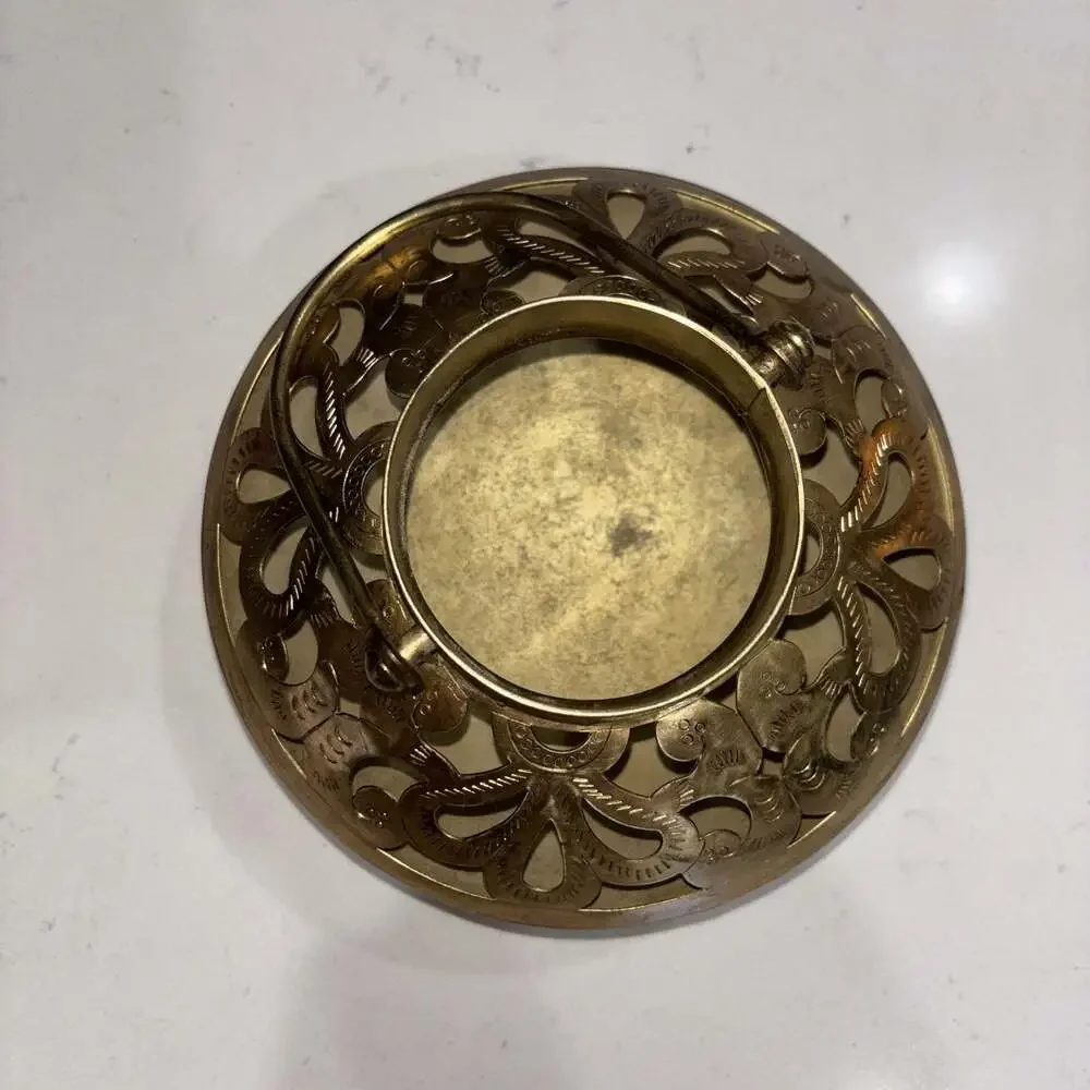 Vintage Hand-Etched Brass Tea Light Holder with Reticulated Floral Design